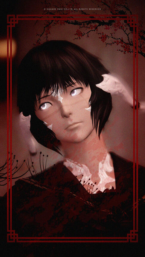 Hollow eyes, hands painted red